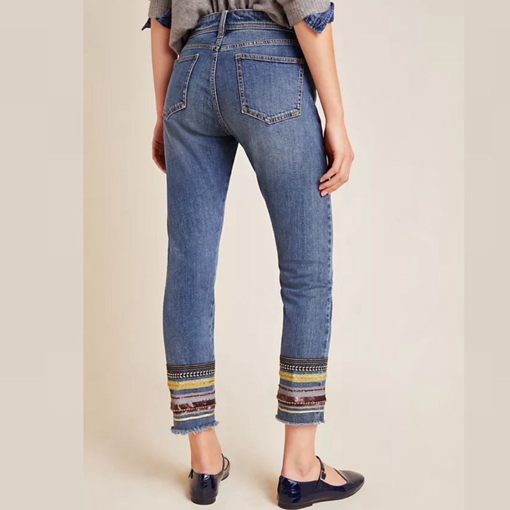Anthropologie Blue and Green Cropped Jeans with Embellished Ankle